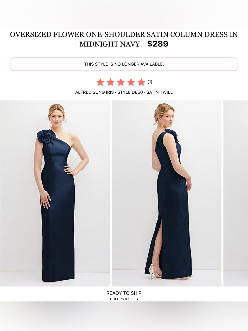 Alfred Sung Midnight Navy One-Shoulder Satin Column Dress